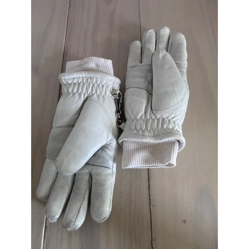 Hotfingers Vintage White Leather Quilted Ski Gloves Winter Snow Ribbed Cuff S